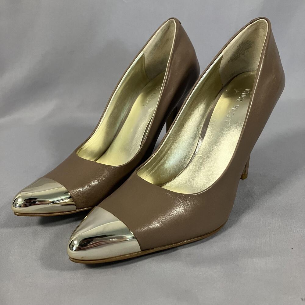 Nine West Shoes Womens Size 5.5M Taupe Metallic‎ Cap Toe Leather Pumps